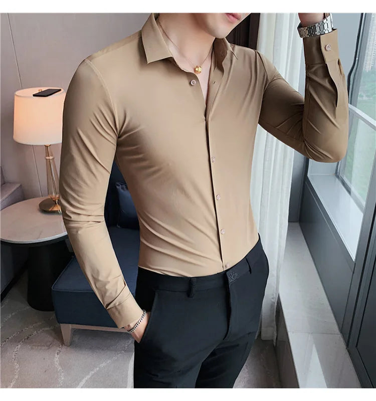 Men's Ultra Stretch Seamless Long Sleeve Shirt Top Quality Business Casual Breathable Stretchable Solid Color Formal Dress Shirt