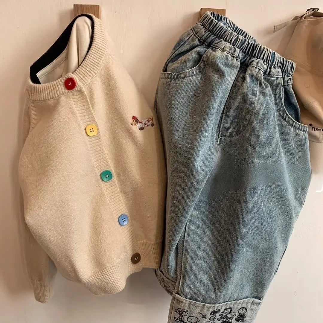 Spring Autumn Baby Boy Wide Jeans Korean Casual Cartoon Outwear Children Boy Denim Pants Loose Elastic Waist Kid Boys Trousers
