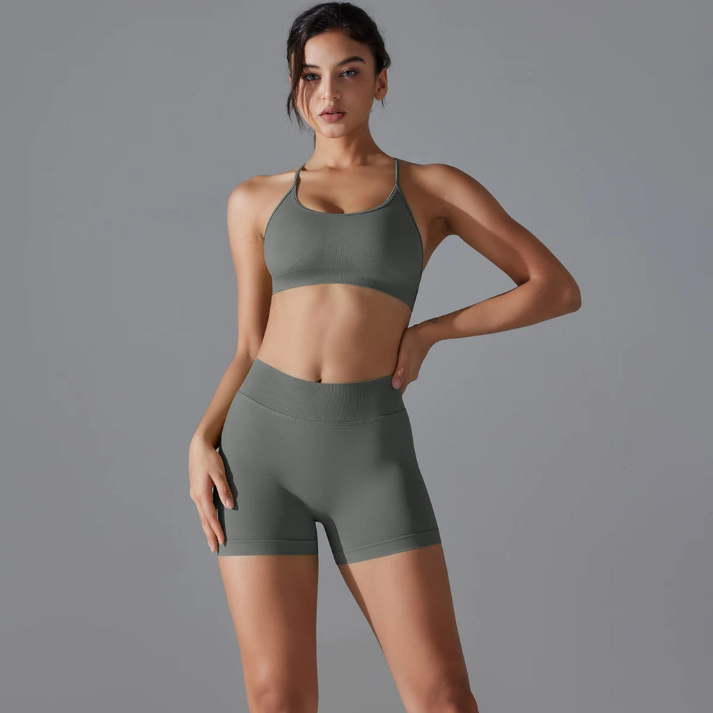 Yoga Suit Sports Set Quick-Drying Gym Leggings Set Shock-absorbing Cross Shoulder Straps Women's cycling shorts  Workout Yoga