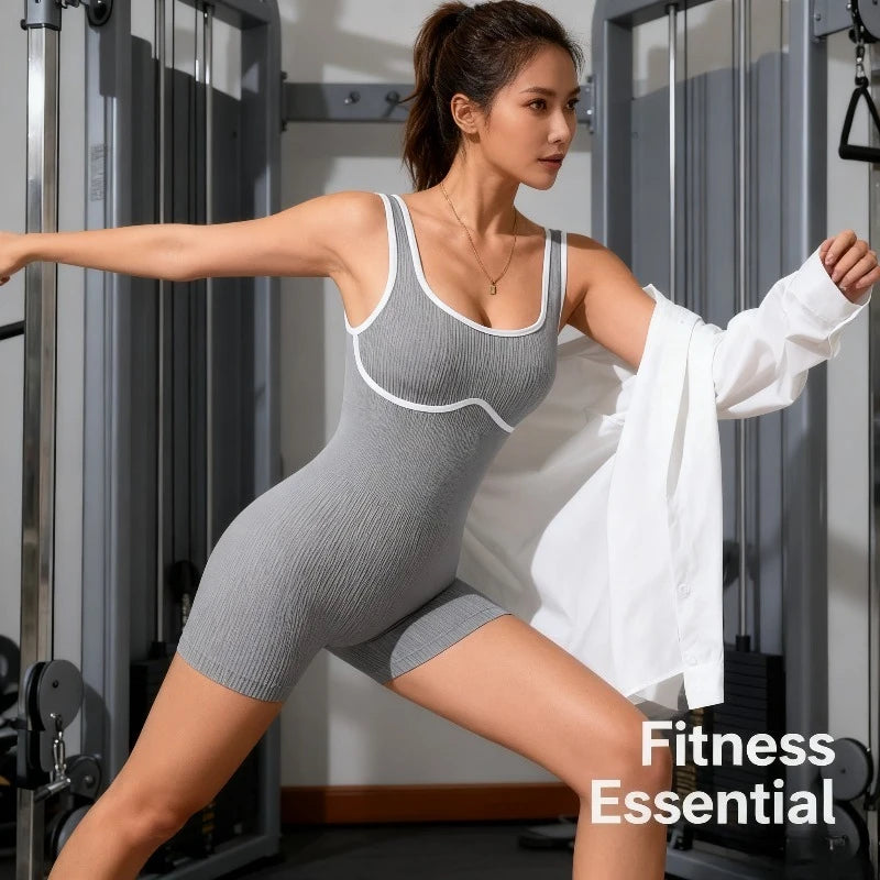 Seamless Ribbed Yoga Set for Running Dancing Fitness Color Blocked Jumpsuit