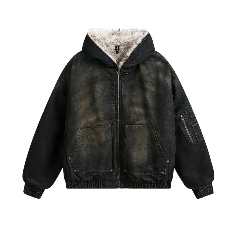 American High Street Vintage Denim Jacket Men Winter Thick Warm Jacket for Men Fashion Streetwear Zip Up Hoodie Coats Clothing