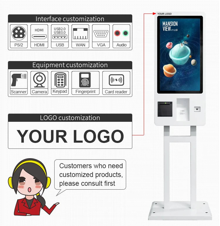 32 Inch Touch Screen Pos Systems Self Pay Service Payment Order Kiosk With POS Position Face Camera For Fast Food Restaurants