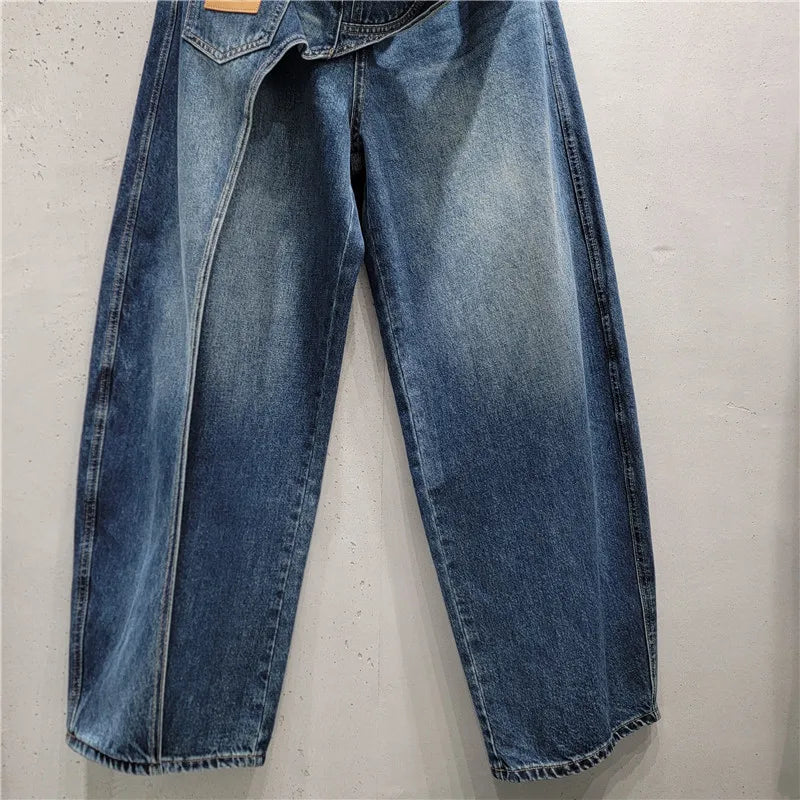 Women Irregular Crossover Waist Wide Leg Jeans Women's 2026 Autumn New Wide Legs Pants Vintage Washed Casual Denim Trousers
