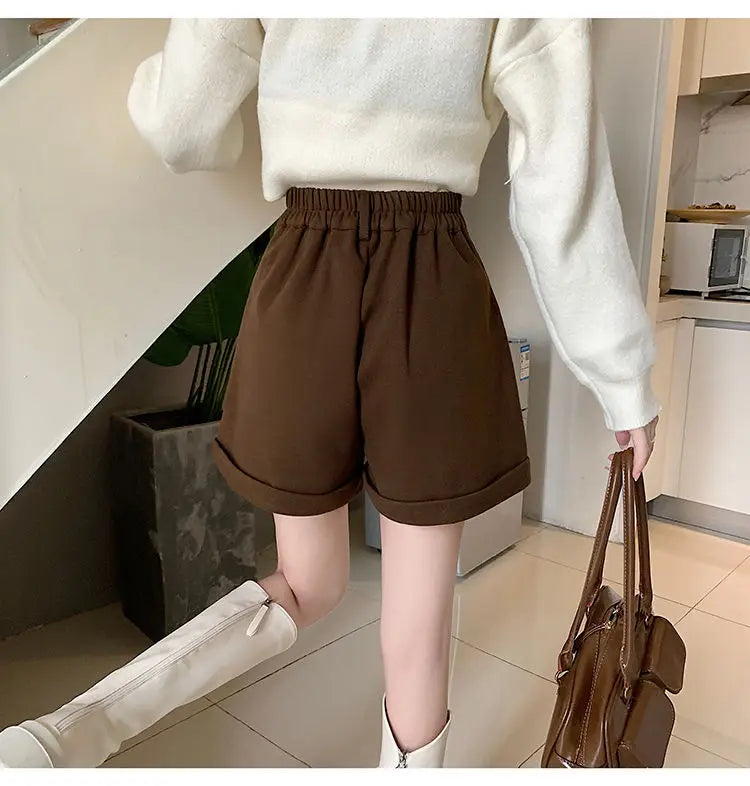 Women Office Lady Summer 2025 Solid Brown Thick High Waist Shorts Korean Style Wide Leg Boot Pants