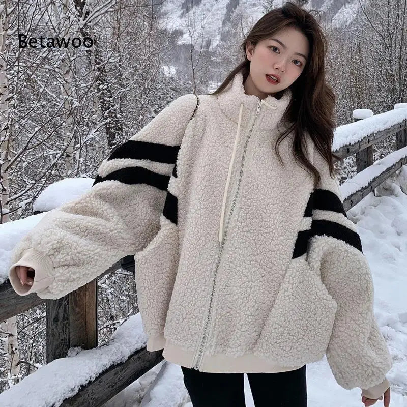 Women Causal Color Block Fleece Jacket Drawstring Zip Up Loose Contrast Striped Warm Winter Coat for Daily