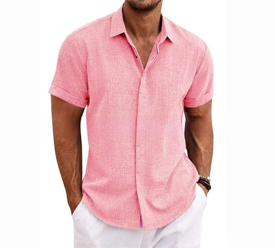 Men's Casual Beach Lightweight Linen Sve Shirt Color Standard Fit Short Sleeve Cleanfit PU Leather Inner Wear Pure Color