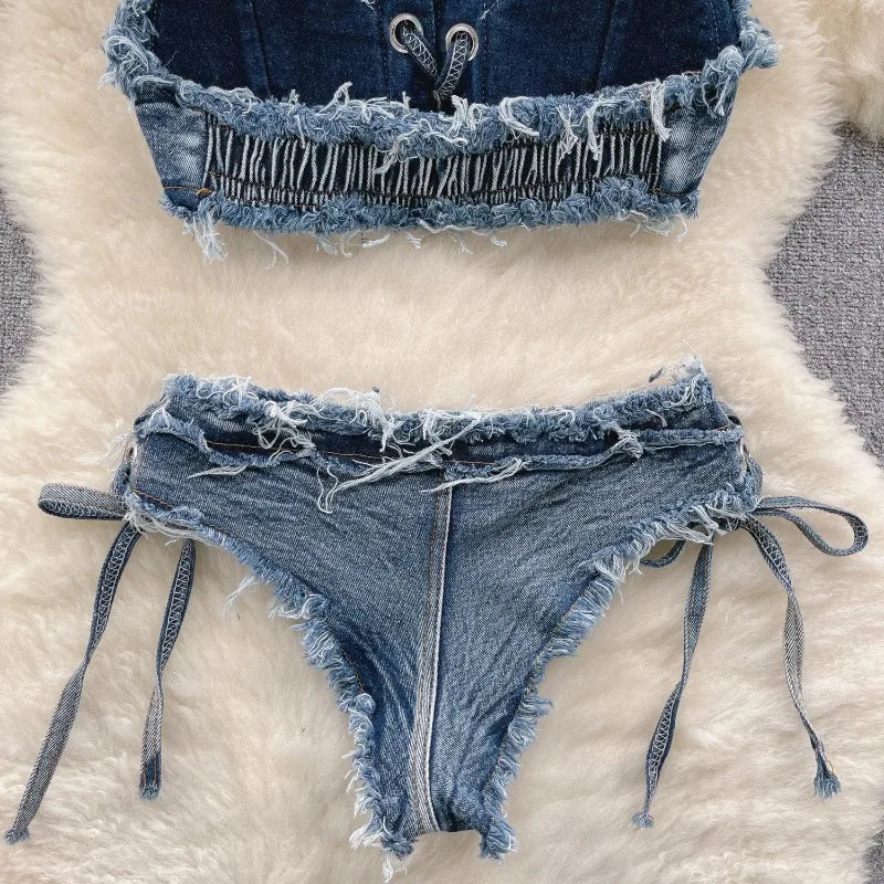 Retro Women Bikini Denim Suits Summer Halter Camis+ Mini Pant Lingerie Fashion Vacation Swimsuits Sexy Bra&Briefs Sets