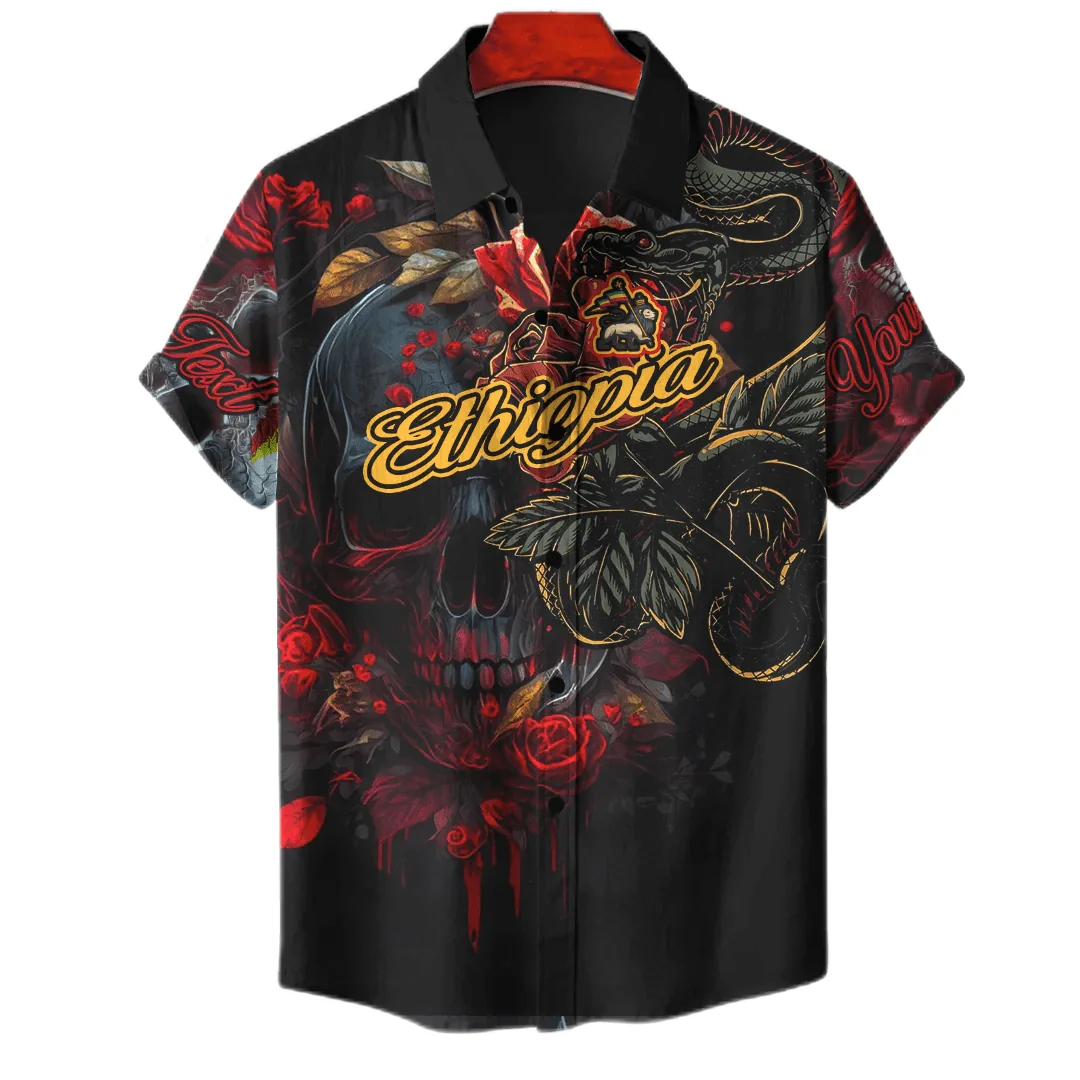 Ethiopia Africa County Flag Map Short Sleeve Shirts For Men Clothes Orthodox Tee National Emblem Graphic Blouses Hawaii Boy Tops