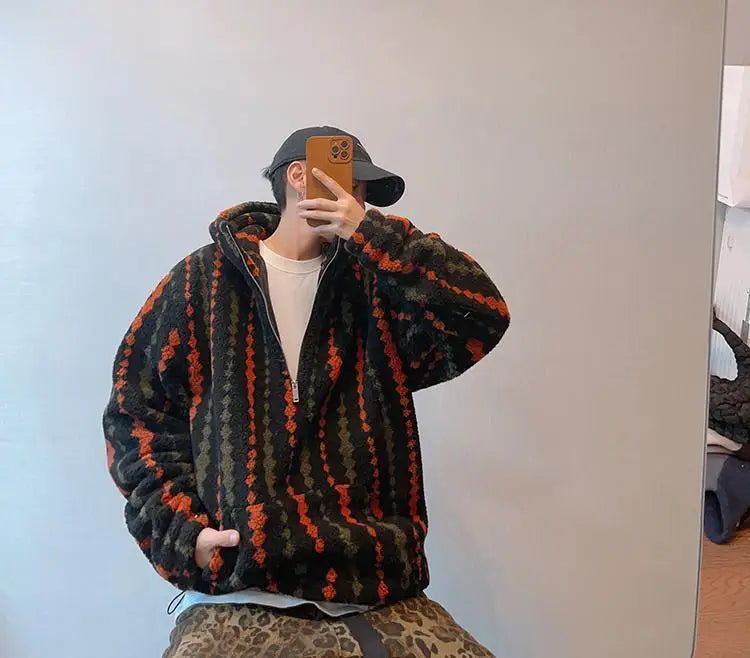 Retro Vertical Striped Autumn Winter Oversized Hooded Overcoat Men's Warm Velvet Loose Casual Half-zip Jackets Male Clothes