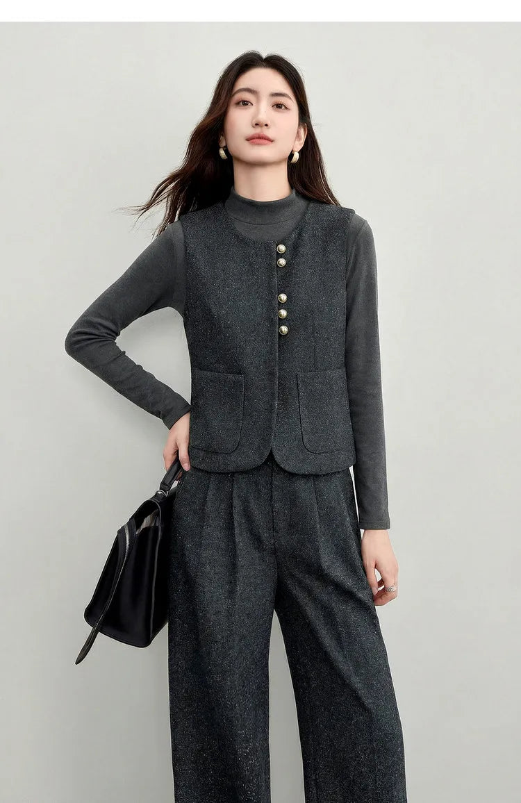 SENTUBILA Women's 2 Piece Pants Set 2026 New O Neck Waistcoat Straight Pant Winter Office Lady Wool Blend Female Suit 154ZA6093