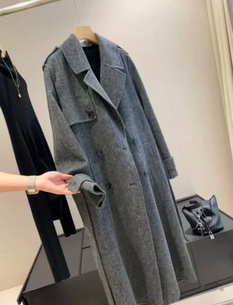 Original Grey 2025 Women's new style wool blend woolen coat with belt, double-sided fleece long woolen coat