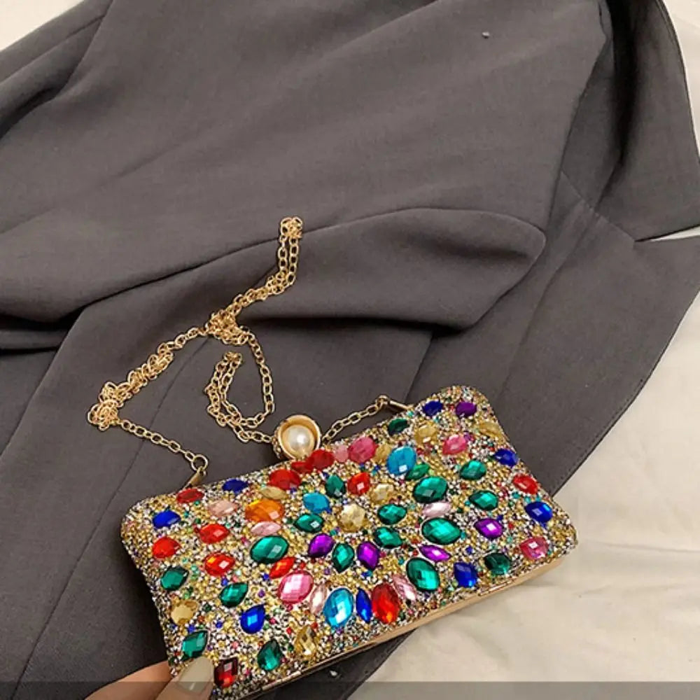 Portable Shiny Evening Banquet Bag Sequin Bling Crystal Colorful Rhinestone Shoulder Bag Handbag Purse Chain Crossbody Bag Women