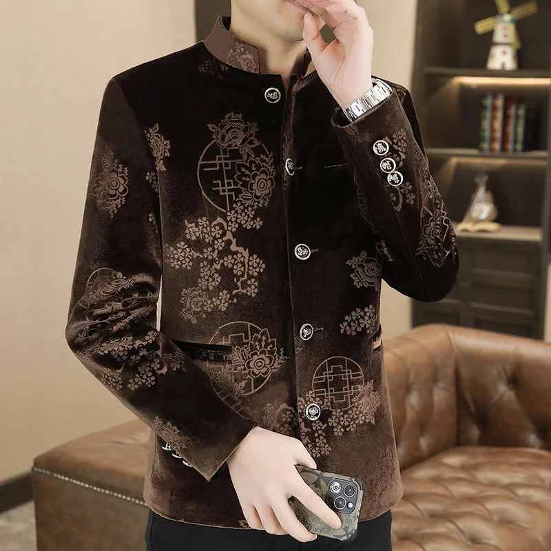 Blazer New Men's Fashion Business Gentleman Wedding English Style Banquet Chinese Jacquard Satin Outdoor Casual Slim Blazer