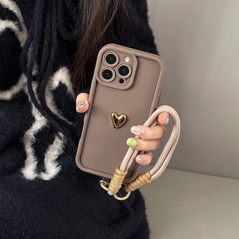 Cute Korean 3D Golden Love Heart Soft Case For iPhone 16 17 18 Pro Max 15 14 13 12 11 Pro 7 8 Plus Wrist Chain Hang Strap Cover