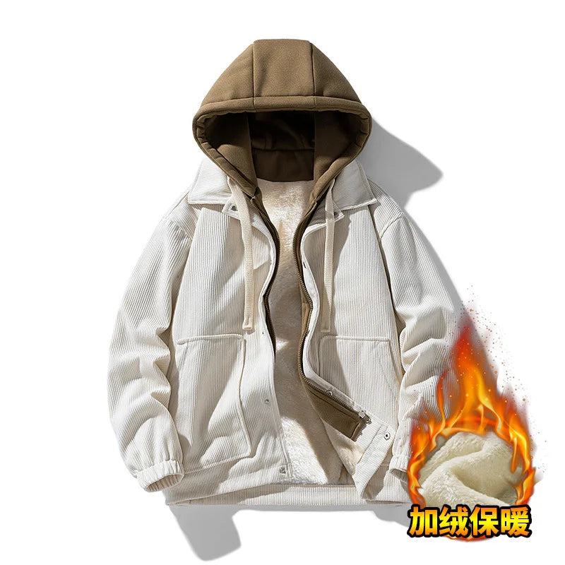 2025 New Corduroy Jacket Men's Harajuku Japanese Windproof Warm Fake Two-piece Hooded Coat Womens Casual Loose Pocket Jacket 4XL