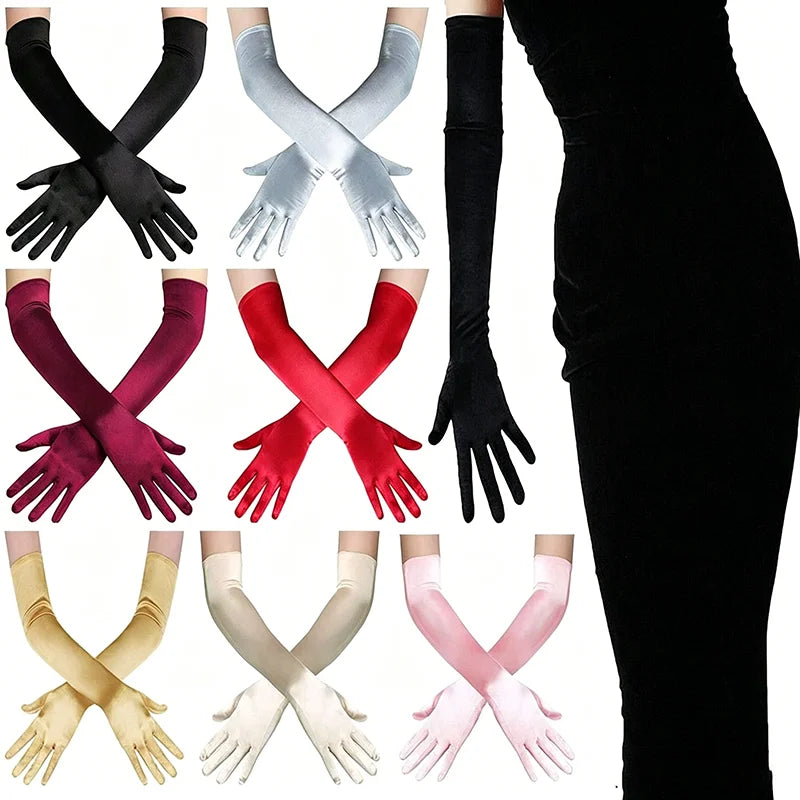 Women 55cm Solid Wedding Etiquette Evening Dress Opera/Elbow/Wrist Satin Stretch Long Gloves Retro Party Carnival Cosplay Gloves