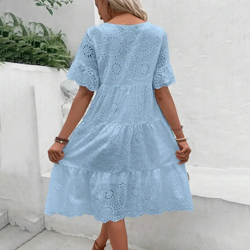 Summer Women Dress Hollow Out O Neck Short Sleeves A-line Pleated Solid Color Big Swing Embroidery Vacation Beach Midi Dress