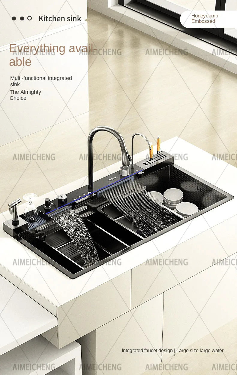2026 Tiktok Newest Design 30 Inch Waterfall Faucet Black Bionic Honeycomb 304 Stainless Steel Big Single Bowl Kitchen Sink