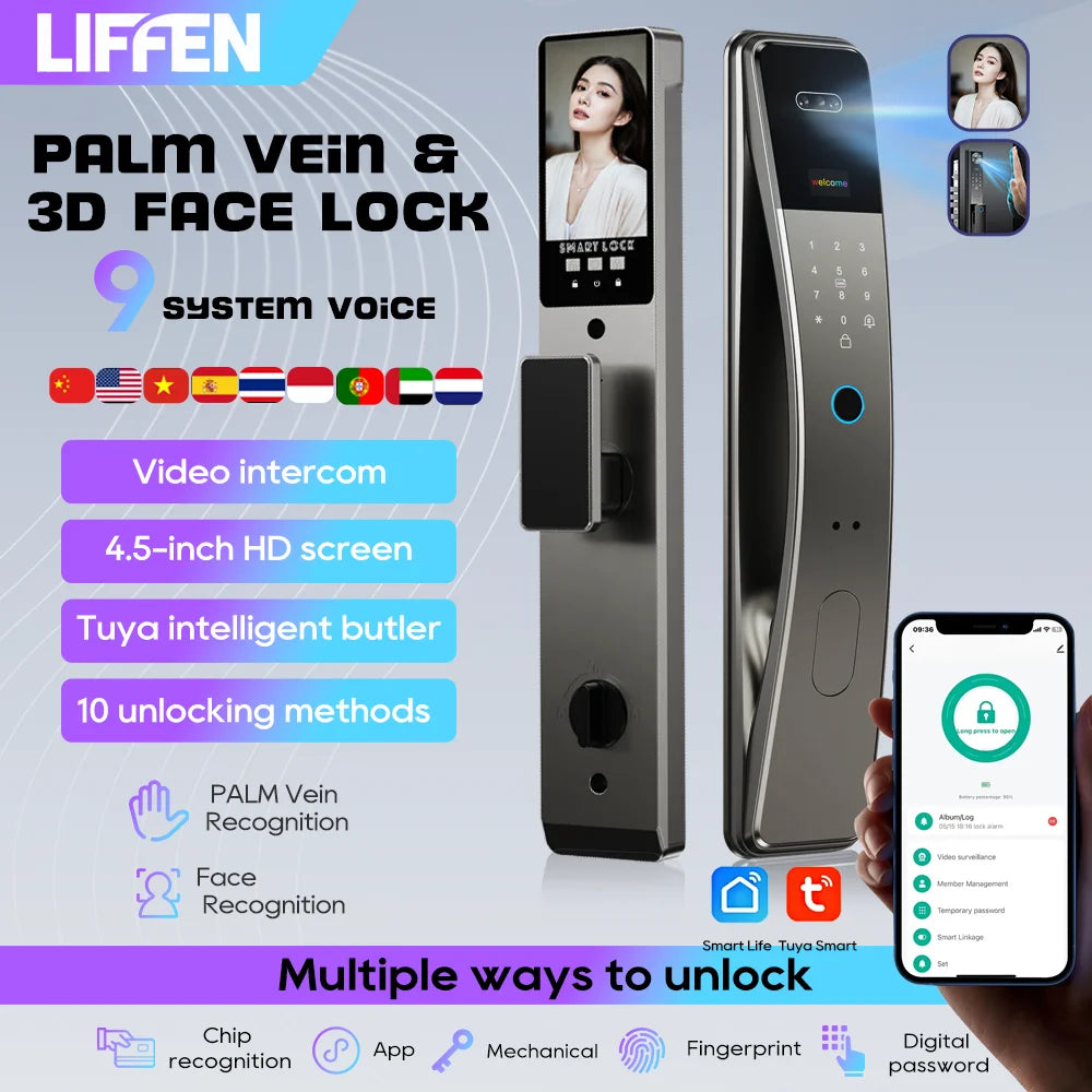 3D Face Recognition Fingerprint Password Smart Door Lock With Camera FIngerprint Password Unlock Keyless Electronic Door Lock