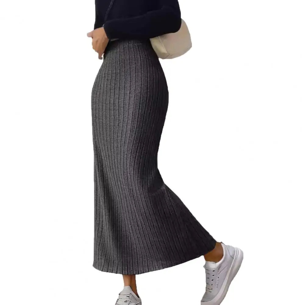 Long Skirt with Side Slits Breathable Maxi Skirt Elegant Ribbed Maxi Skirt with Side Slits High-waisted Solid Color for Autumn