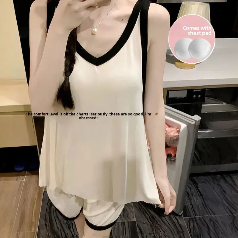 Women Sleeveless Summer Casual 2/pce Set Girls Spaghetti Strap Vest Shorts Outfit Lady Color Blocked Bra Pad Fashion Loungewear