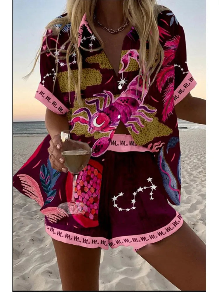 Fashion Lapel Short-sleeved Single-breasted Shirt Top + Shorts 2-piece Set Women Elegant Summer Print Loose Casual Suit Female