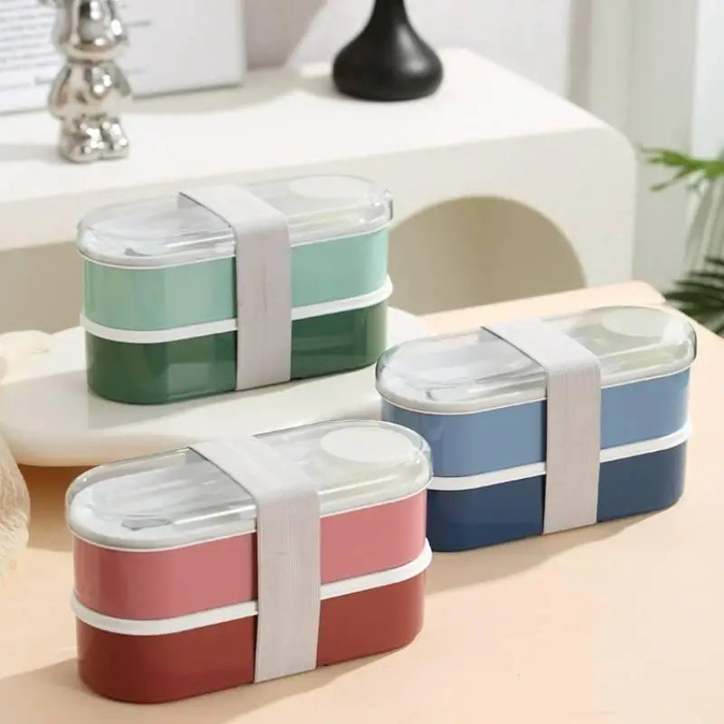 Double Layer Portable Lunch Box Set with Fork And Spoon Microwave Safe Bento Food Storage Container Dinnerware for Picnics And W