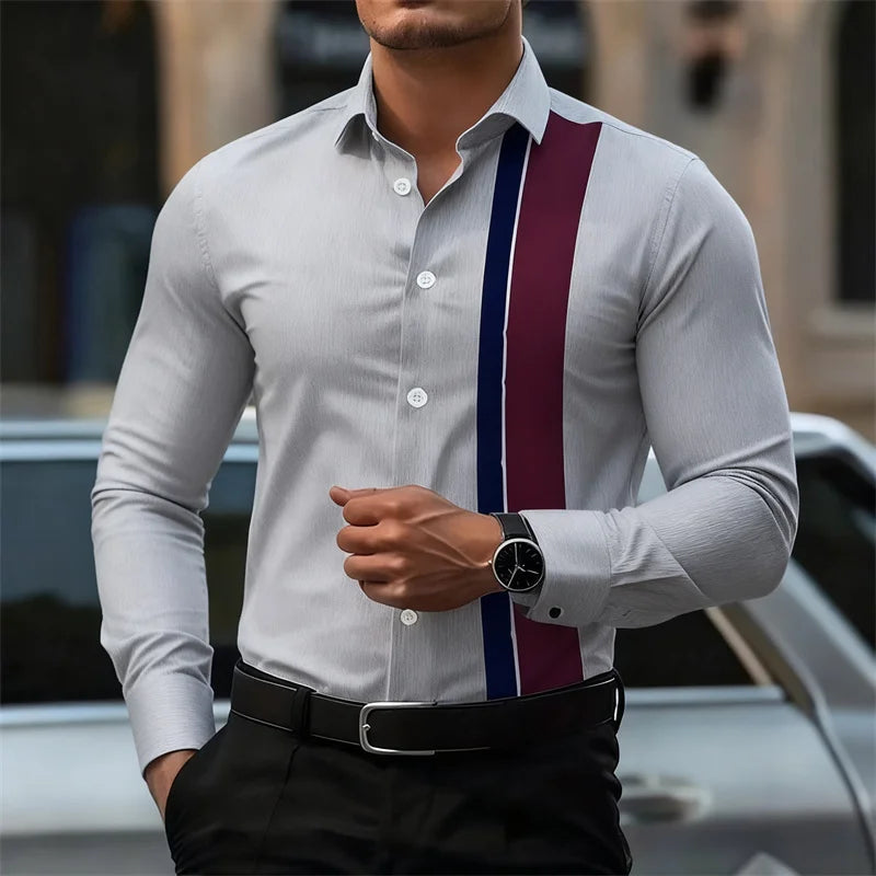 Men's fashionable contrast color striped long sleeve shirt European and American style business casual trendy casual men's shirt