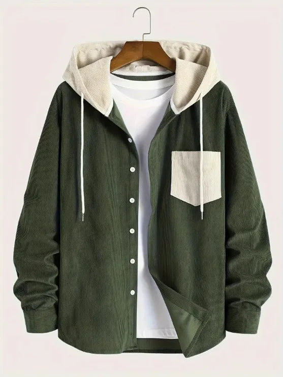 New Men's Corduroy Hoodie Shirt Long Sleeve Casual Streetwear Pocket Splicing Color Block Loose Fit Tops Autumn Spring Coats
