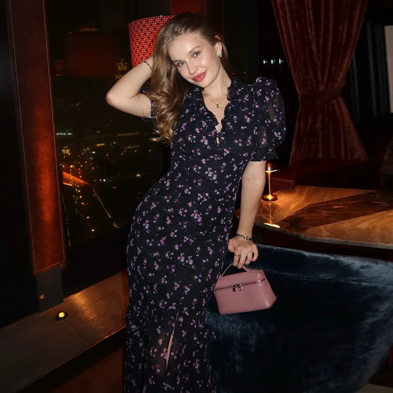 Sexy Print Women Long Dress Urban V-neck Single Breasted Ruffles Half Sleeve Female Dresses 2026 Spring Autumn Lady Robe