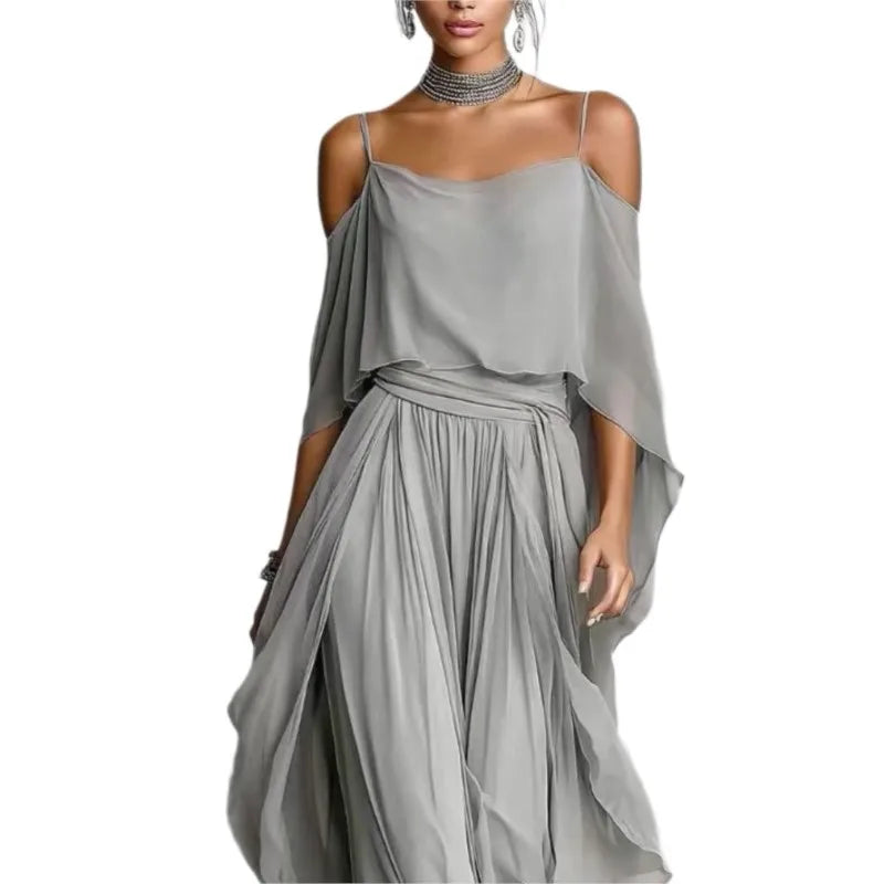 Solid Color Chiffon Two Piece Set Women Casual Off Shoulder Top & Long wide leg pants Set Ladies Elegant Party Suits Outfits