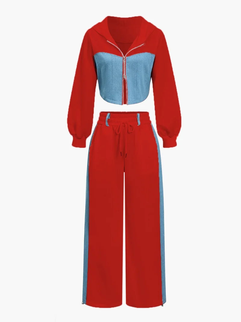 Streetwear 2 Piece Sets Women Outfit Fall Clothes 2024 Women Denim Patchwork Hooded Top and Pant Sets Casual Sweatsuit Woman Set