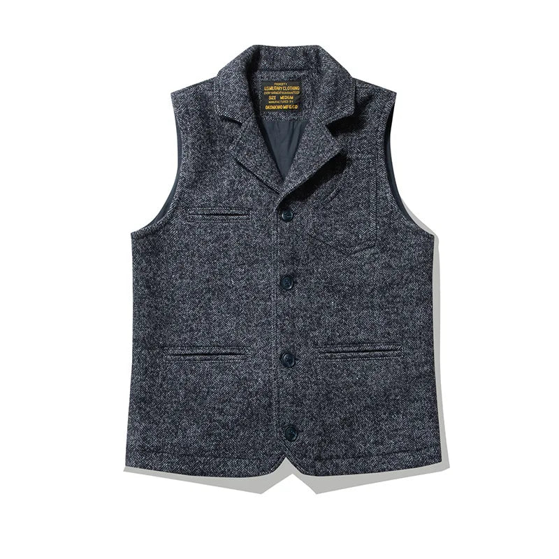 Good Quality Winter Fashion Men's Retro British Tweed Wool Vest Thick Double-Layer Multi-Pocket Suit-Collar Vest Warmth Top Male