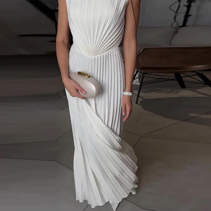 Elegant Solid Pleated Off Shoulder Long Dresses for Women Chic Sleeveless Backless Female Maxi Dress Summer New Beach Party Robe