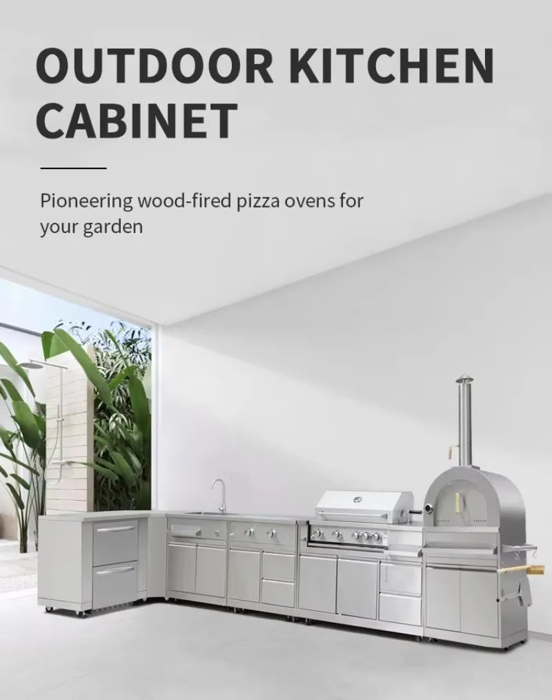 Luxury Outdoor Kitchen Island Set with Built-in Gas BBQ Grill, Pizza Oven & Storage Drawers Prefabricated Patio Cooking Station