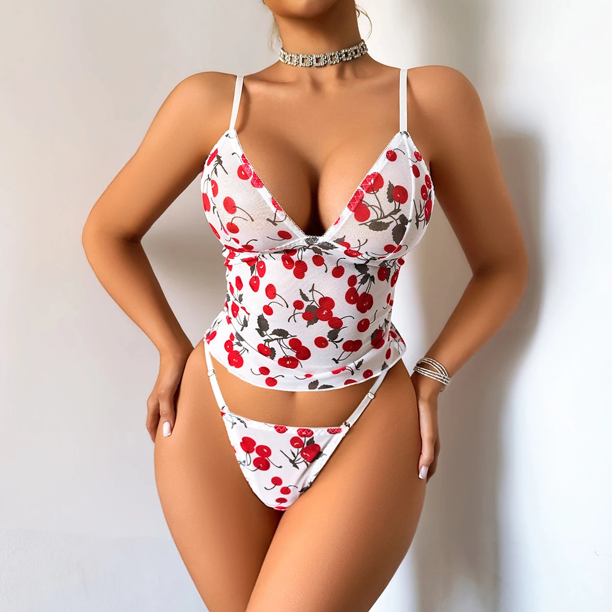 Retro Cherry Print Y2K Bikini Women Sexy Deep V High Waist Swimsuit European Style Beach Photo Matching Trendy Beachwear