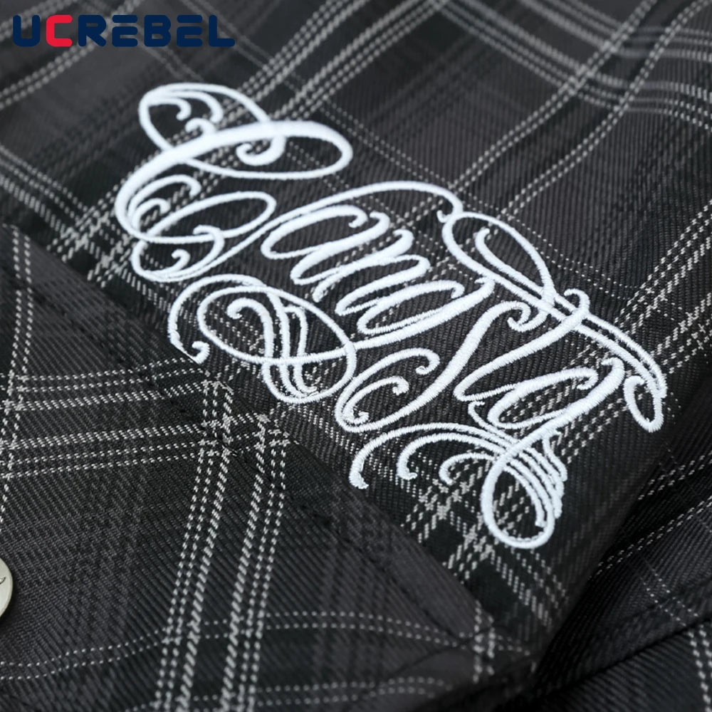 Chicano Safari Short Sleeve Shirt Mens Summer Streetwear Casual Loose Letter Embroidery Lapel Plaid Shirt Man