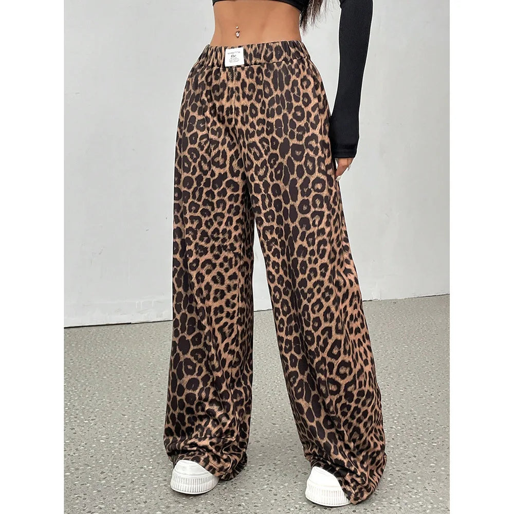 GG Women Leopard Print Wide Leg Pants Elastic High Waist Loose Casual Trousers Streetwear Y2K Fashion Long Palazzo Pants