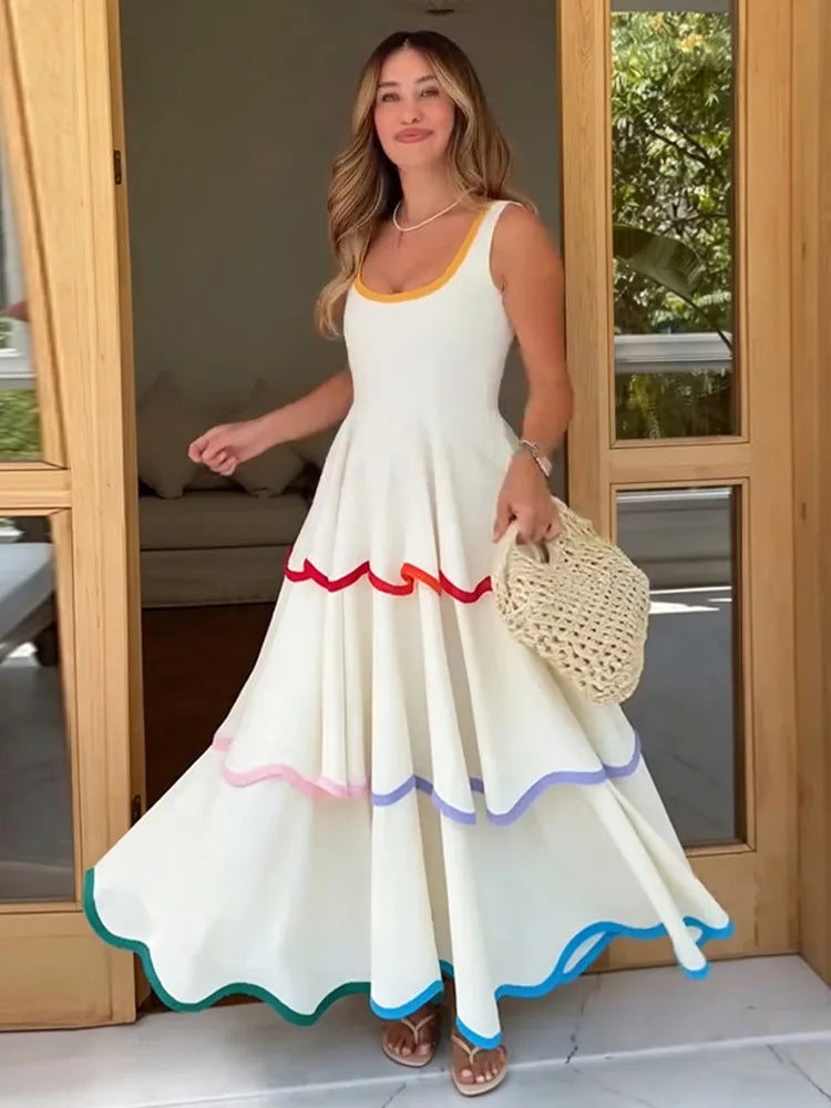 Fashion Women's Dress Round Neck Strapless Sleeveless Cascading Ruffled Hem Dresses Chic 2026 Summer New Daily Wear Ladies Robes