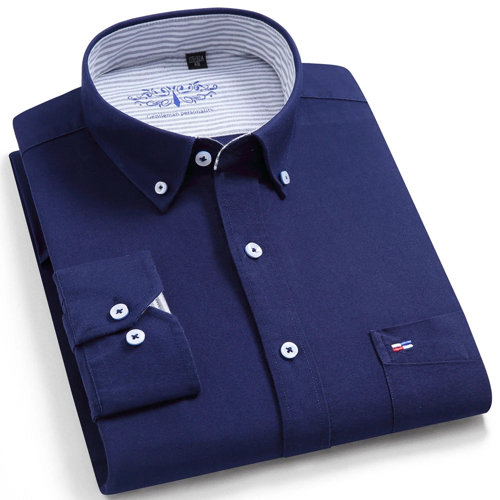 Men's 100% Cotton Breathable Oxford Fabric Dress Shirt, Plaid Striped Casual Long Sleeve, Button-Up with Collar and Chest Pocket