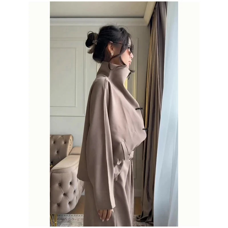 Coffee Tang Suit Two Piece Set Mandarin Collar Frog Button Top Wide Leg Cropped Pants Sets Lady Chic Retro Oriental Daily Wear