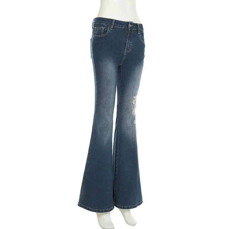 2026 Denim Trousers Y2K Flare Pants Jeans Women Embroidery Boot Cut Low Waist Washed Distressed Pockets Floor Length Streetwear