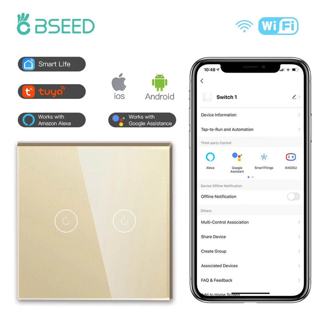BSEED WIFI Touch Switches 1/2/3/4Gang Smart Light Switches Wall Stair Switches Tuya Control Smart Life APP Multi-Control Neutral
