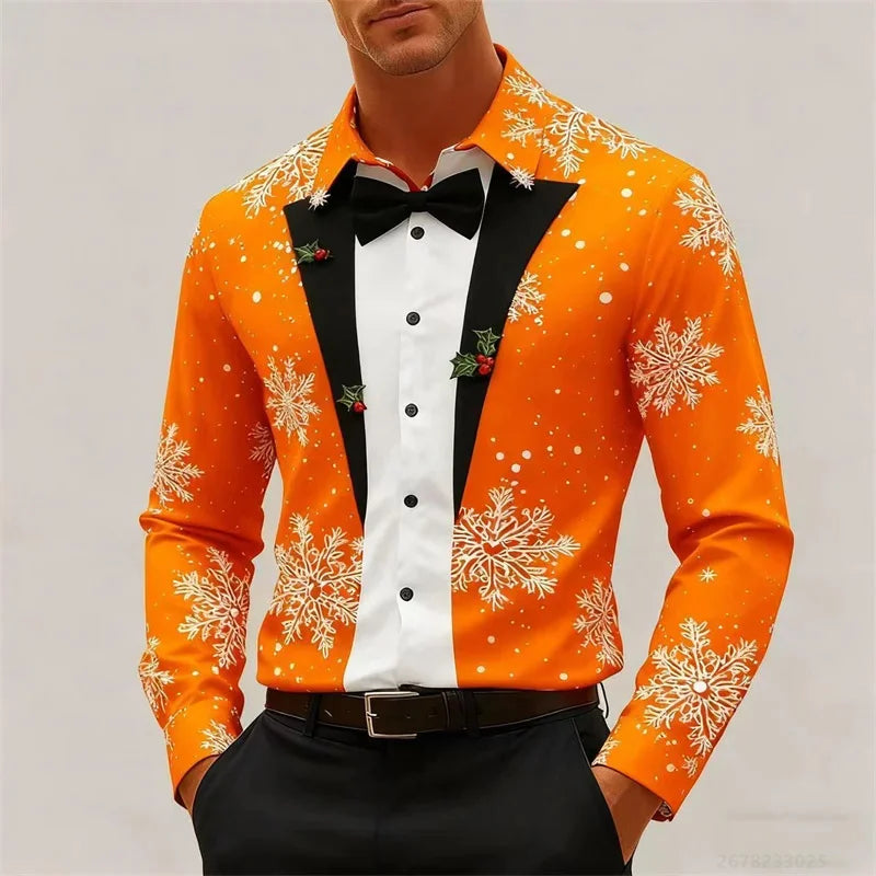 Men's Christmas long-sleeved shirt, 3D high-definition printed Christmas tree pattern, lapel button men's shirt, party wear