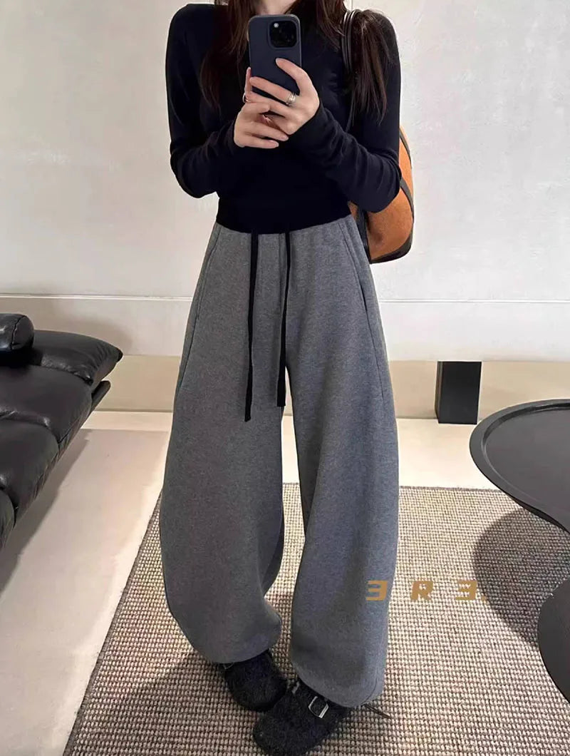 Women Drawstring Baggy Sweatpants High Waist Loose Wide Leg Curved Trousers Casual Soft Streetwear Jogger Pants for Daily Wear