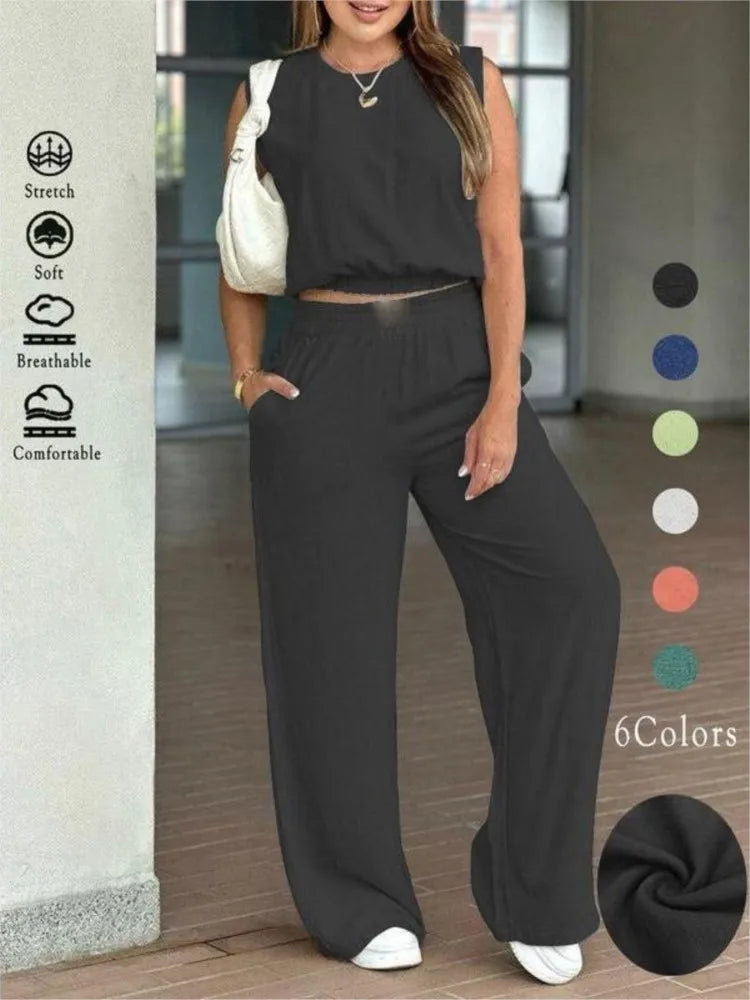 Fashion Ultra-short Sleeveless Top Trousers 2-piece Set Summer New Casual Pocket Loose Wide-leg Trousers Female Office Set 2025