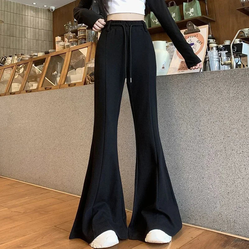 Girls Designer High Waist Flared Pants Lady Korean Slim Fit Casual Trousers Women Chic Drawstring Straight Leg Pants