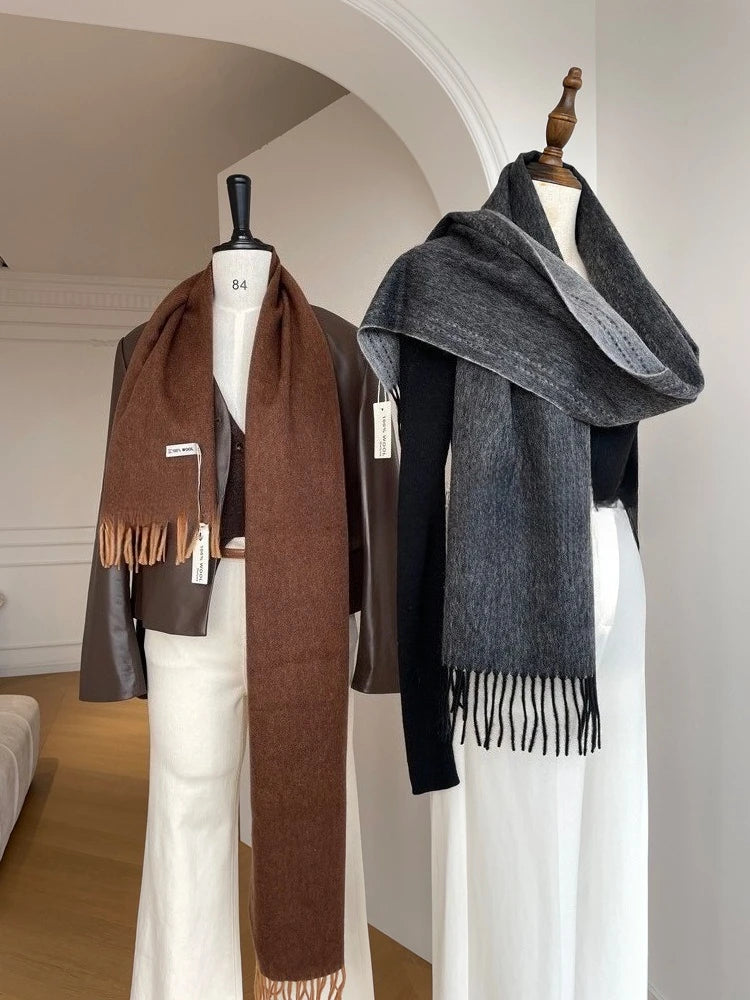 High Quality Australia100% Pure Wool Scarf Women Fall Winter Design Double-Sided Stitching Knitted Cashmere Shawl Female Muffler