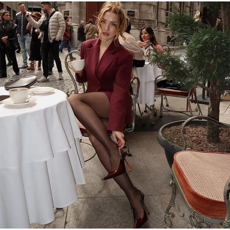 Fashion Wine Red Women Blazer Set Casual Long Sleeve Single Breasted Lapel Female Suit 2025 Spring Streetwear Lady Suits