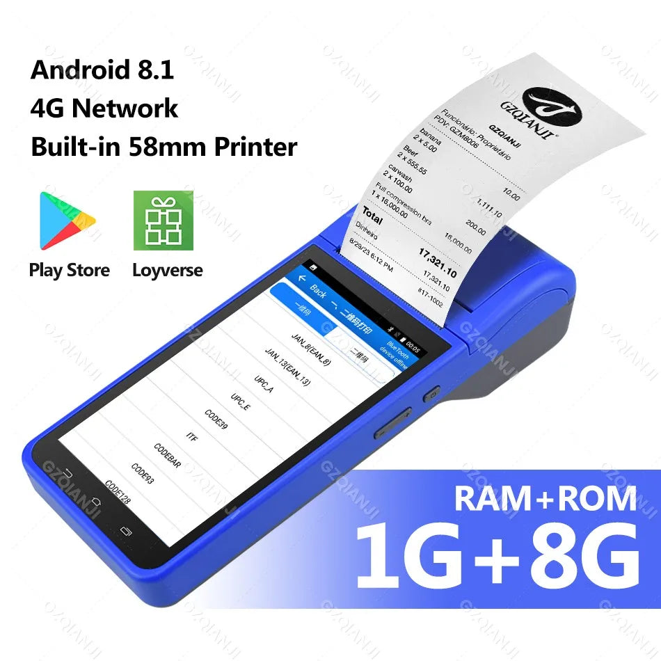 4G Android 13 / 8.1 Pos Terminal Wireless Handheld Printers 1D 2D Scanner Reader NFC Built-in 58mm Receipt Impressora Termica